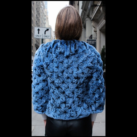 Blue Knit Rex Rabbit Fur Jacket - Picture 3 of 4